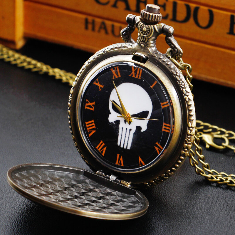 Бронзовый Скелетон, кварцевые карманные часы, изысканный кулон, ожерелье, часы для детей, мужчины и женщины, тематические подарки на Хэллоуин