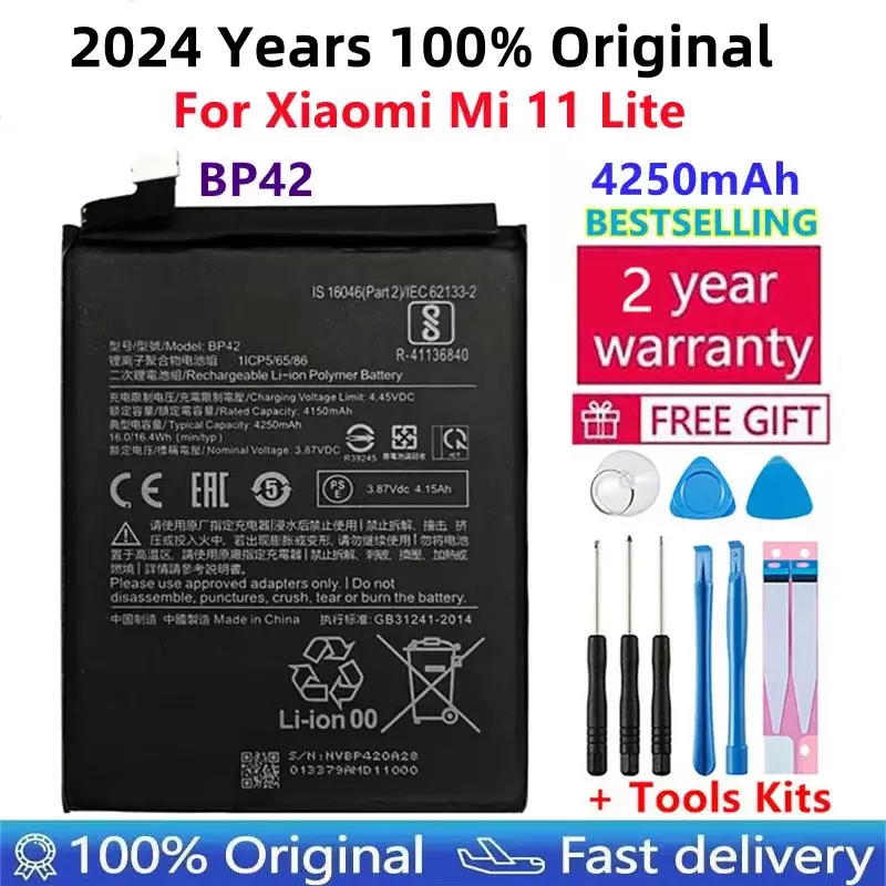 Bateria de Substituição do Telefone com Ferramentas, Bateria para Xiaomi Mi 11 Lite BP42, 100% Original, 4250mAh, Genuine