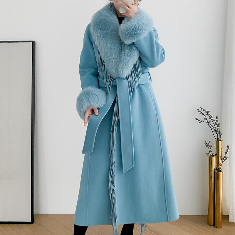 Inverno feminino casaco de pele real longo borla cashmere lã misturas jaqueta feminina trench coats cinto gola de pele de raposa com capuz streetwear