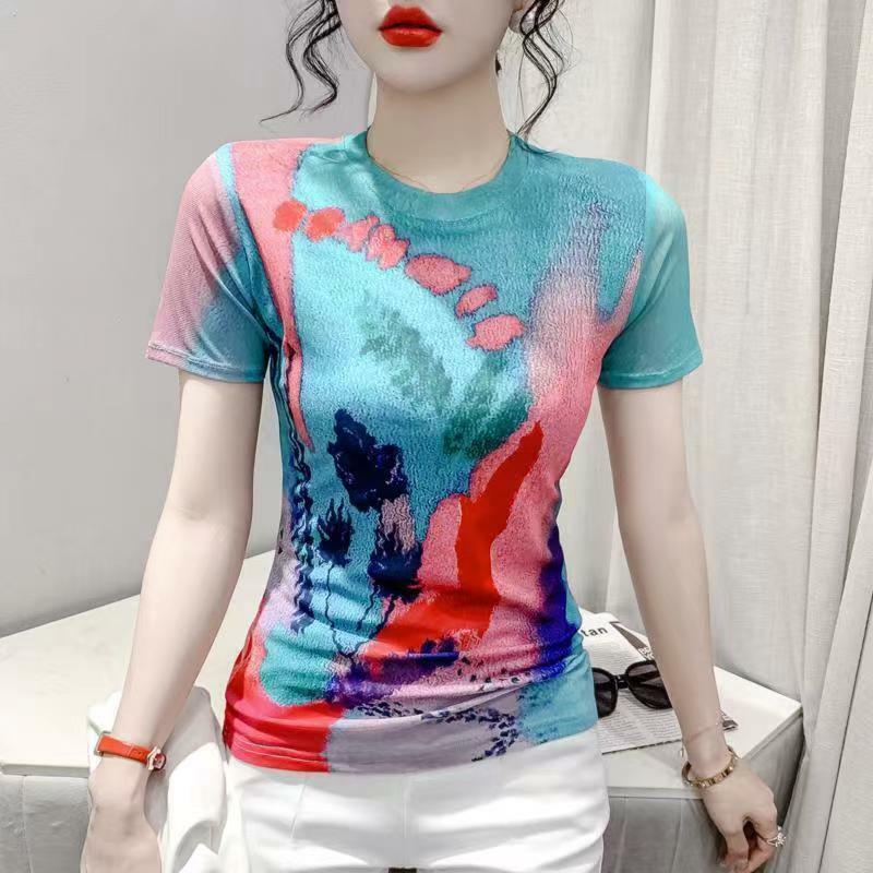 Summer 2024 New Fashion Commute Spliced Gauze Tie Dye Printed Slim Short Sleeve Crew Neck T-Shirts Casual Women's Clothing Tops