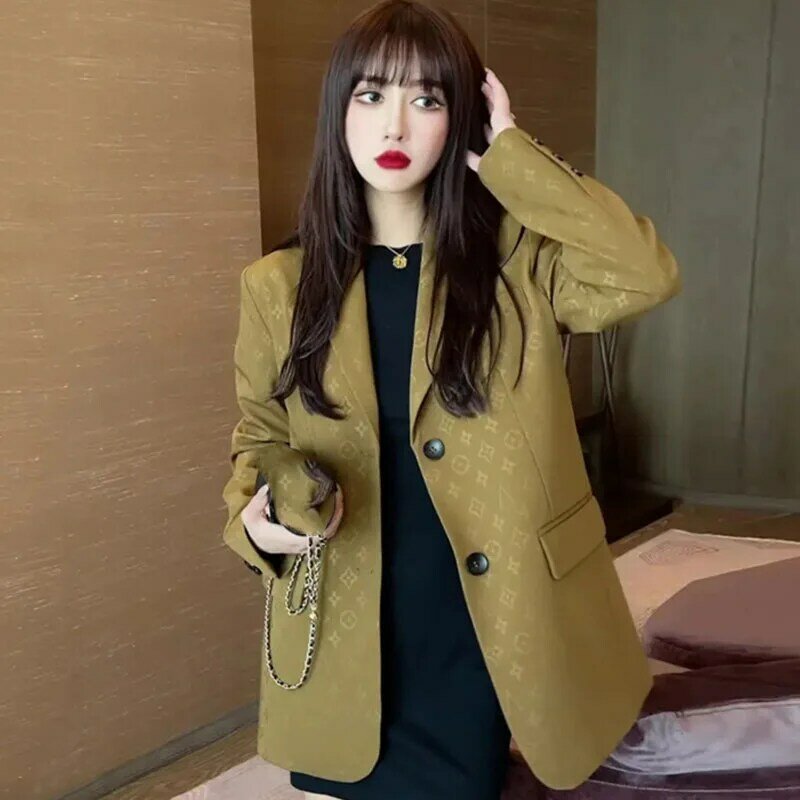 Jaqueta feminina de comprimento médio versão manga comprida, blazer monocromático, casaco feminino, tops femininos, outwear, primavera, outono