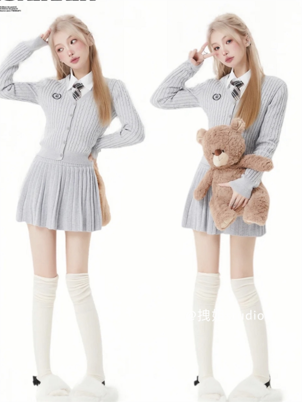 Set pakaian kardigan rajut anak perempuan, setelan dua potong kardigan rajut abu-abu gaya Korea Jepang, rok lipit