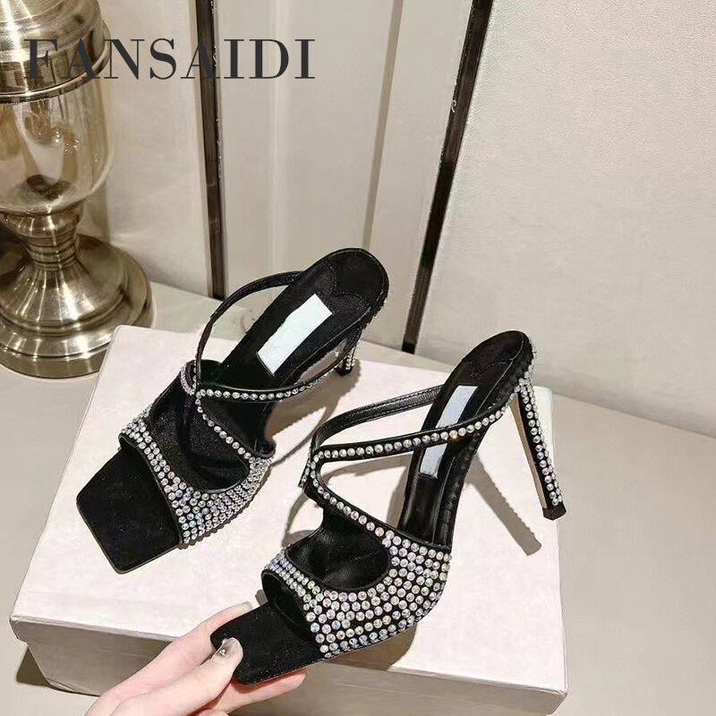 FANSAIDI 2023 New Shoes Woman Summer Fashion Square Toe Apricot  Crystal Rhinestone Slippers Sexy Stilettos Heels Big Size 42 43