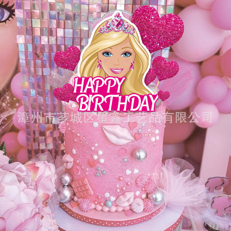 バービーケーキトッパーがテーマの子供の誕生日の装飾、パーティー用品、ケーキインサート、プラグインフラグ、カードセット、キッズギフト