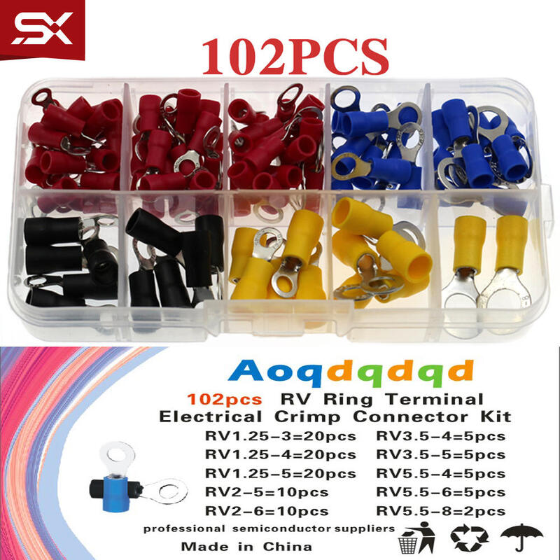 (102PCS 10Kinds RV) Ring Terminal Electrical Crimp Connector Kit Set With Box Copper Wire Insulated Cord Pin End Butt 1.25/2/3.5