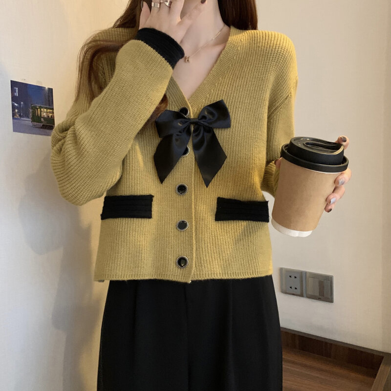 Cardigã com decote em v estilo formal feminino, suéter de malha, peito único, mangas compridas, tops simples e doces, laço, moda coreana