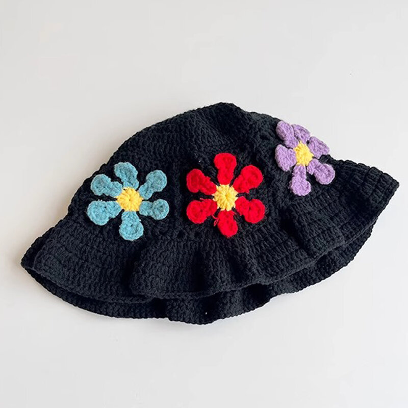 Handmade Flower Patch Crochet Girassol Chapéu de balde Chapéu de sol de malha Quadrado artesanal Dobrável Floppy Beach Hat Bonito confortável