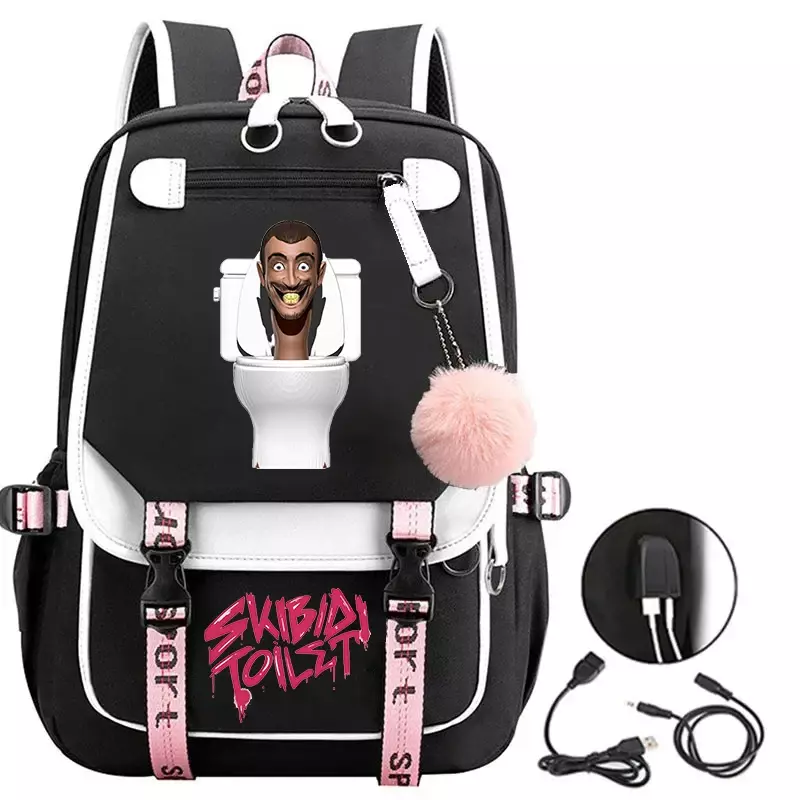 حقيبة ظهر Skibidi USB قابلة للشحن للفتيات المراهقات ، حقائب مدرسية ، سعة كبيرة ، حقيبة للسفر ، الرياضة ، حقيبة مدرسية محمولة للطلاب