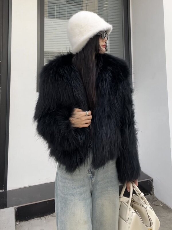 Fur Coat Women's Solid Color Whole Leather Double-Sided Woven Short Fashion Loose Casual Slimming Three-Button Round Neck Winter