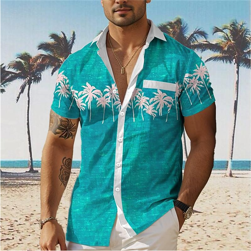 Camicia da uomo di moda camicia hawaiana modello albero di cocco stampato a maniche corte abbottonatura abbigliamento casual camicia da spiaggia