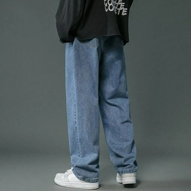 Jeans de perna reta masculino com bolsos, calça jeans de perna larga, estilo hip-hop, lavada, clássica, casual, para primavera