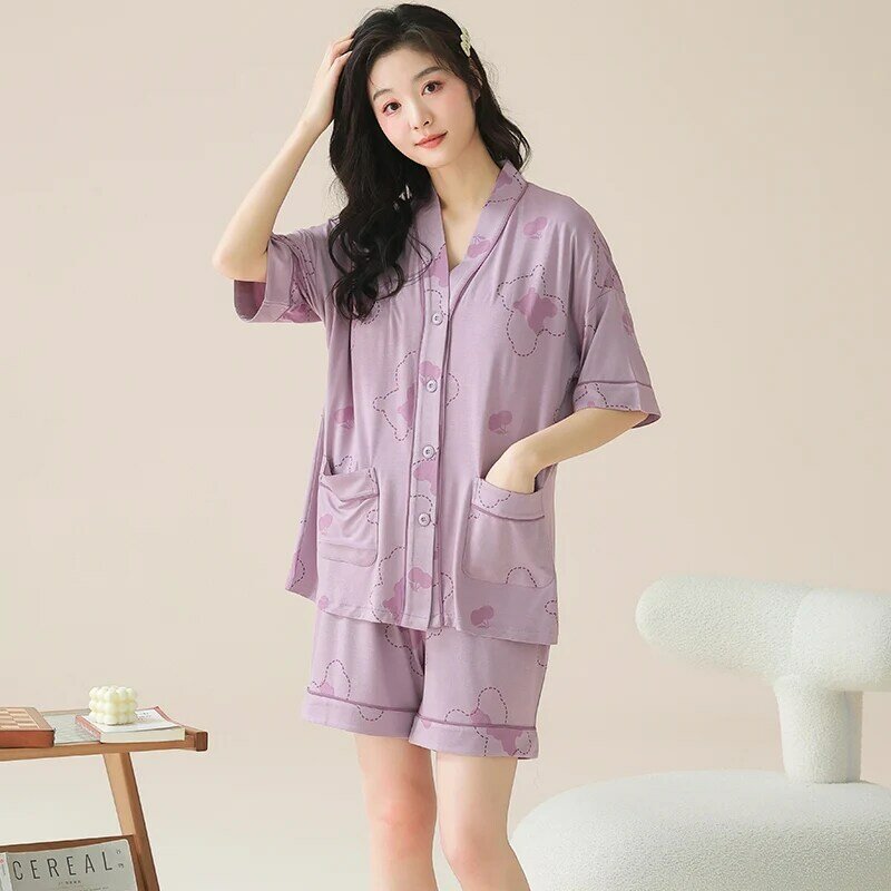 Women Nightwear Suit Summer Short Sleeve V-Neck Cardigan Tops + Shorts Pajamas Casual Tracksuit Homewear Big Yards Pijamas Mujer
