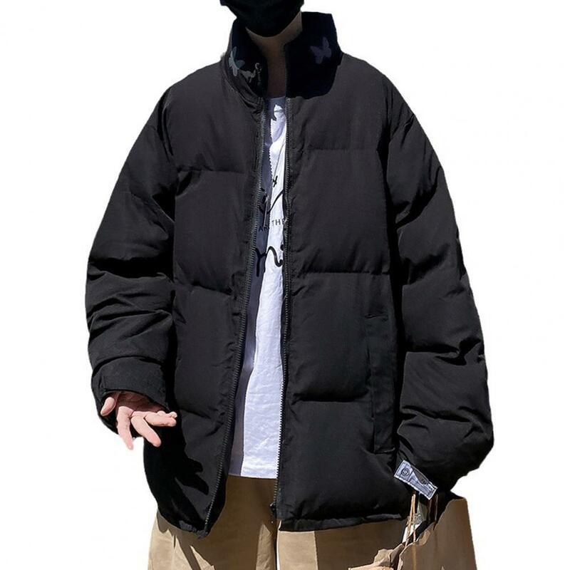 男性用単色パッド入りダウンコート、長袖、ネック保護ジャケット、ルーズユニセックスパーカー、厚手のジッパークロージャー、冬