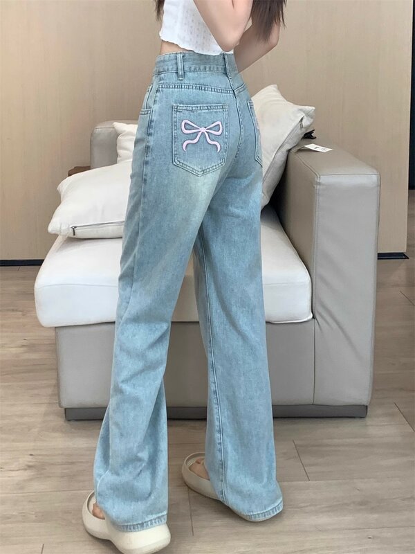 Women High Waist Blue Jeans Bow Embroidery Straight Denim Pants Spring Summer Chic Loose Casual Wide Leg Trousers