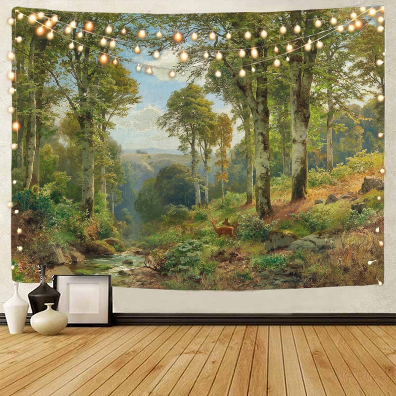 Floresta bonita e paisagem do rio decoração tapeçaria, ilustração riacho, decoração do fundo