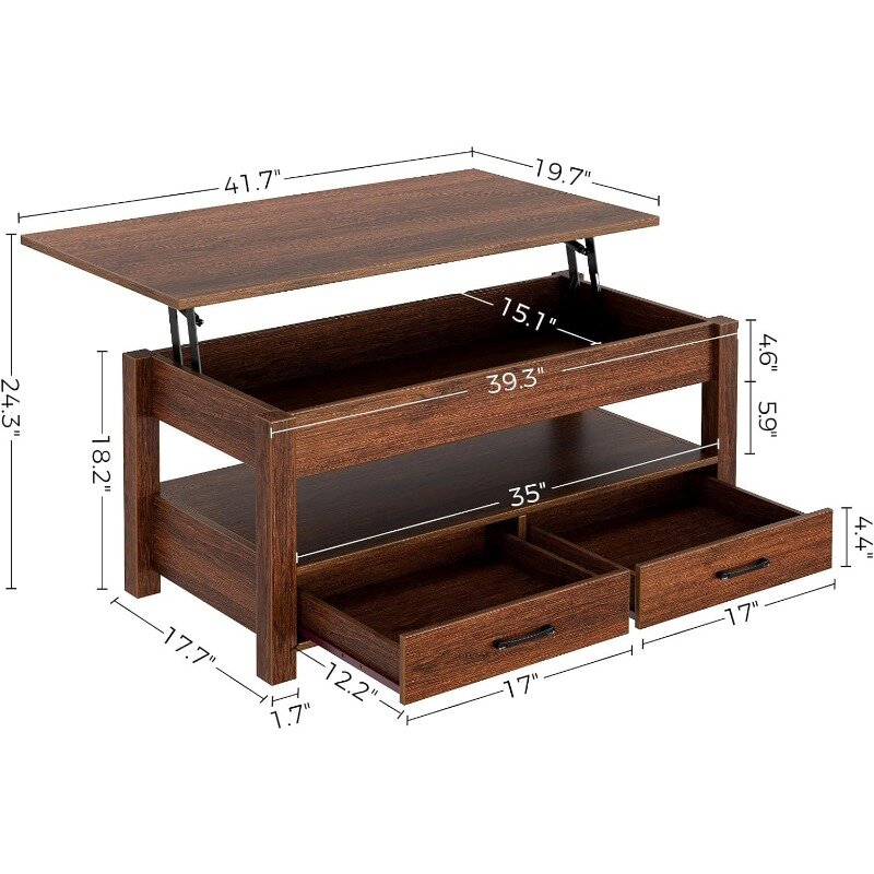 Rolanstar Coffee Table, Lift Top Coffee Table with Drawers and Hidden Compartment, Retro Central Table with Wooden Lift Tabletop