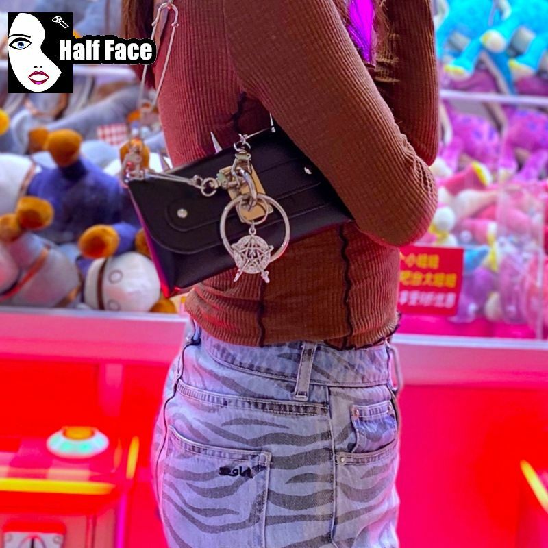Bolsa Lolita de um ombro para mulheres, Y2K, meninas picantes, harajuku, gótica, punk, anel de metal, ponta, pino, pinos, preto, mini bolsa de cintura