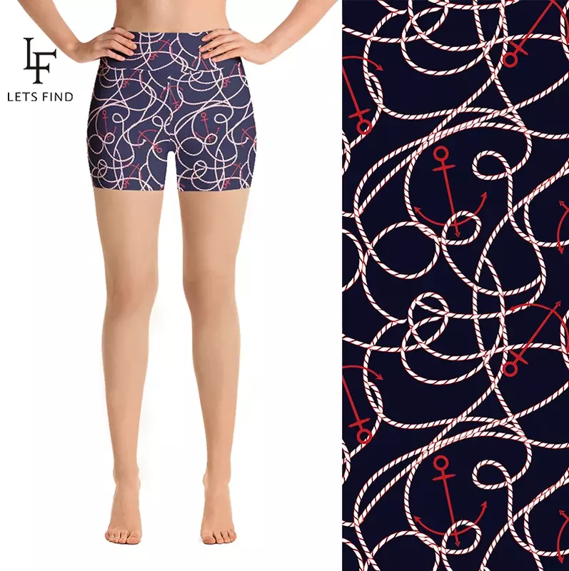 LETSFIND Summer 3D Anchor and Rope Print Leggings corti Fitness in poliestere a vita alta da donna