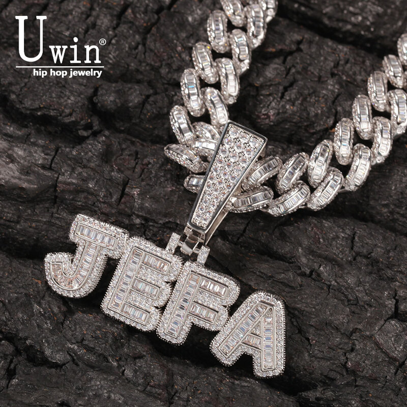 Uwin-Collier cubain avec lettres baguette, pendentif entièrement glacé, bijoux hip-hop, cadeau, 13mm