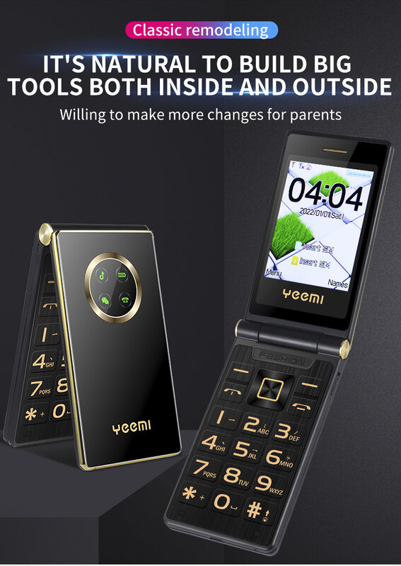 2023 Flip GSM telefones celulares Touch screen Idosos Botão de pressão barato Quick Dial SOS Blacklist Torch Large Key Camera FM Raido