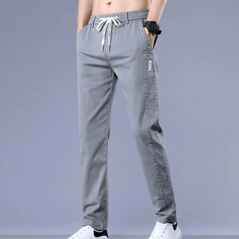Men Casual Pants Breathable Slim Fit Drawstring Men's Pants with Elastic Waist Pockets Soft Ankle Length for Casual for Men