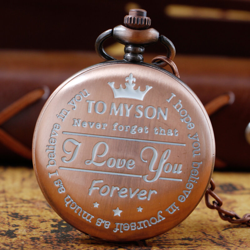 Vintage Red Quartz Pocket Watches "To My Son" Personalised Necklace Roman Digital Big Dial Pocket FOB Watch Unique Male Gifts