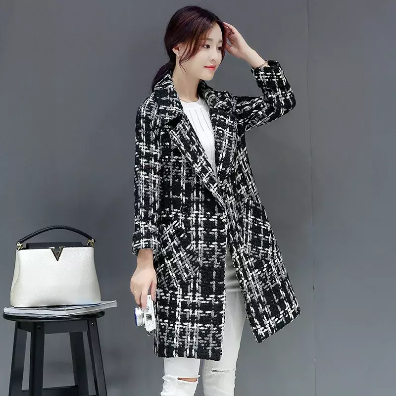 Mantel wol wanita ukuran plus 2024 mantel kotak-kotak Wanita Mode Korea mantel wol panjang pelangsing