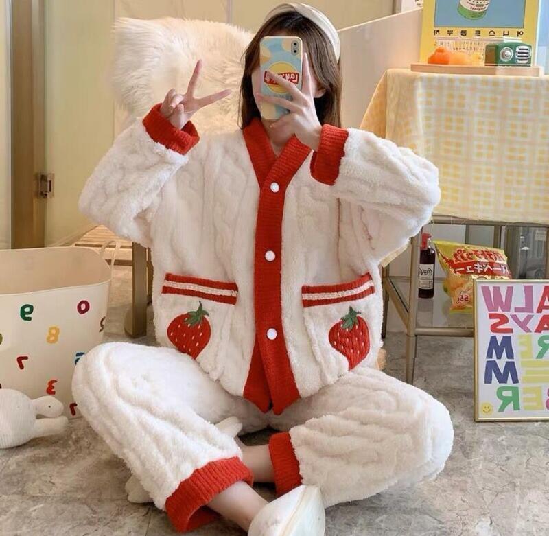 New Top Quality Thick Women's Flannel Pajama Pants V-neck Bow High Waist Loose Coral Fleece Warm Home Top+Trousers Housewear Set
