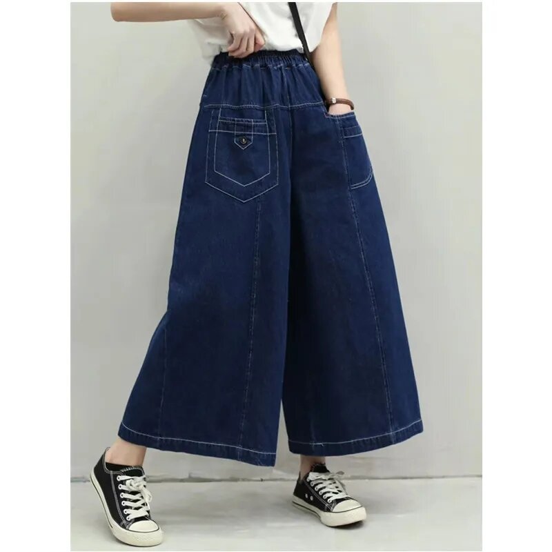 Women Clothing Japan Style Vintage elastic waist cotton blue denim wide leg pants women summer autumn loose jeans with pocket