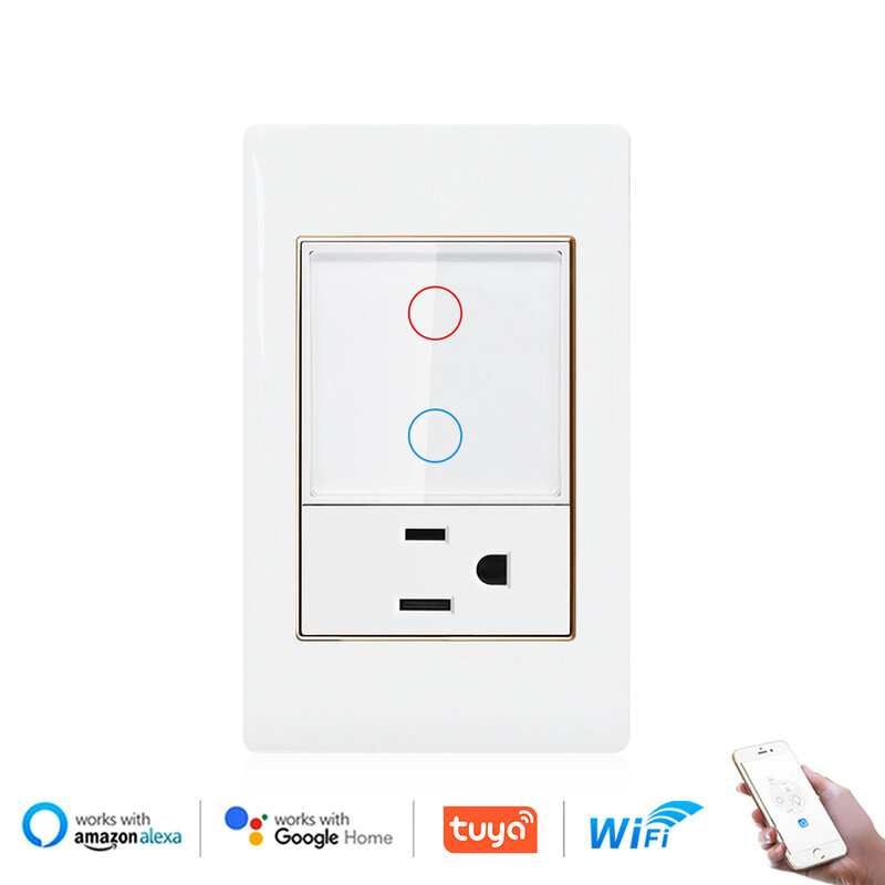VISWE Tuya smart wifi switch touch sensor,118*72mm Plastic Panel with Gold Border, US Standard outlet home appliance
