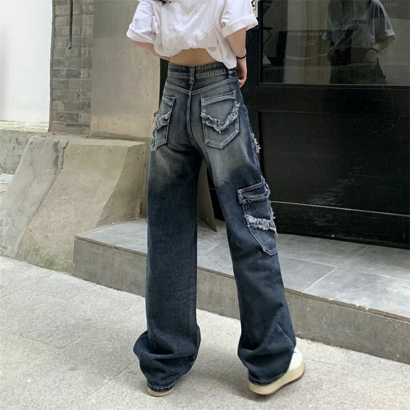 ผู้หญิง Vintage Y2K Streetwear Baggy Cargo กางเกงยีนส์เอวสูงตรงกางเกงขาม้ากางเกงยีนส์ Fairy Grunge Alt เสื้อผ้า