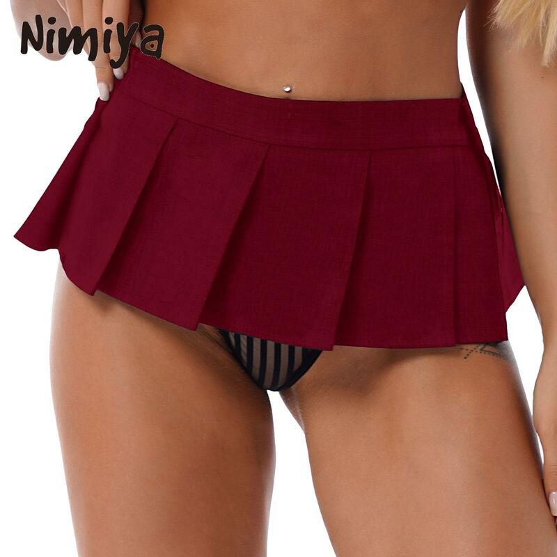 Tiaobug Womens Pleated Super Short Miniskirt Solid Color Back Elastic Waistband Skirts Schoolgirl Role Play Date Night Costumes