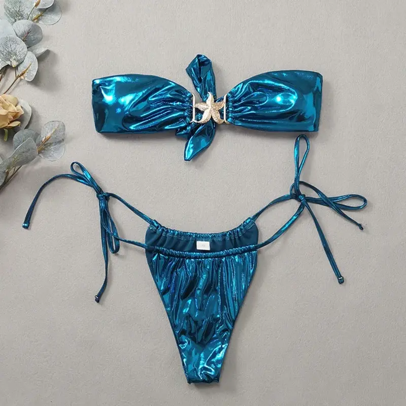 Блестящее бикини Gem Blue 2024, женская одежда, купальник, летние пляжные наряды для отпуска, купальный костюм-бандо, купальник с открытой спиной
