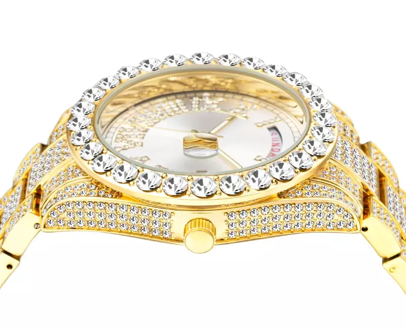 18k banhado a ouro relógio masculino hip hop iced para fora dos homens relógios feminino luxo aaa diamante quartzo relógio de pulso feminino duplo calendário relogio
