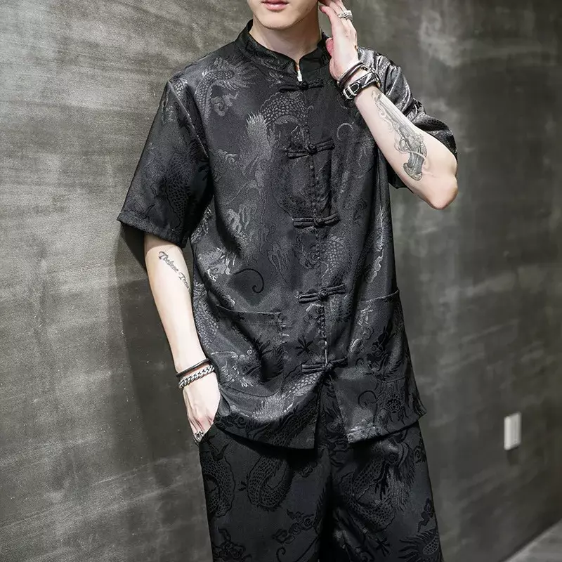 Sommer chinesische Tops für Männer traditionelle modische Drachen Jacquard Tang Anzug Baumwolle Leinen Stehkragen Kurzarm hemden Männer