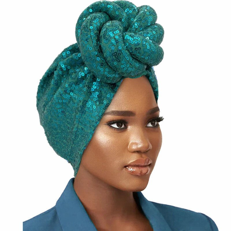 Pailletten Gedraaide Bloem Tulband Pet Voor Vrouwen Mode Afrikaanse Vrouwelijke Hoofd Wraps Moslim Hoofddoek Bonnet Turbante Mujer
