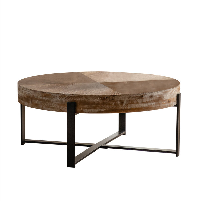 Table basse circulaire moderne avec dessus de table en bois de sapin, base de pieds croisés pour salon, bureau à domicile, 33.86 ", 31.29"