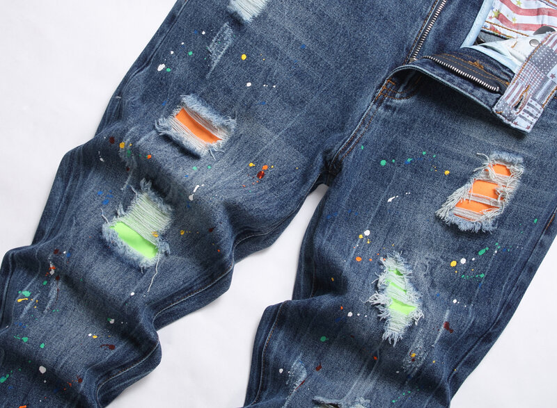 2024 Nieuwe Broek Grensoverschrijdende Herfst Heren Gescheurde Patch Jeans Modemerk Slanke Body Shake Verf Kleine Voet
