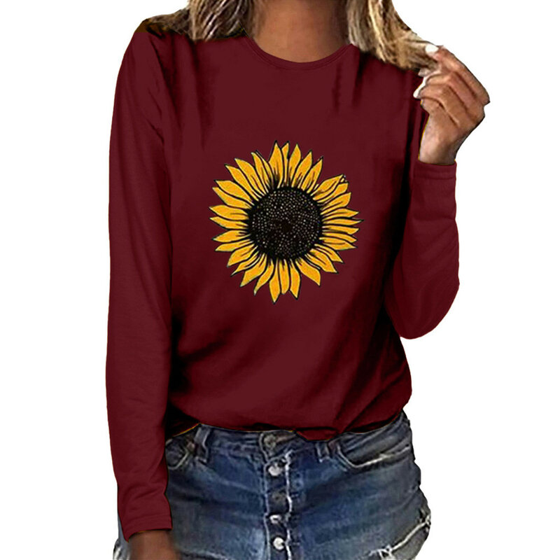 Frauen Kapuzen pullover Sweatshirt Ärmel Sonnenblume T-Shirt lange Bluse Frauen O-Ausschnitt Top Pullover Grafik Pullover Sweatshirts