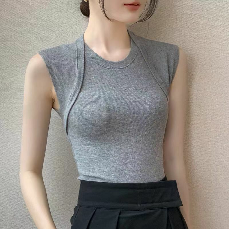 Spliced sleeveless fake two-piece slim fit women's T-shirt