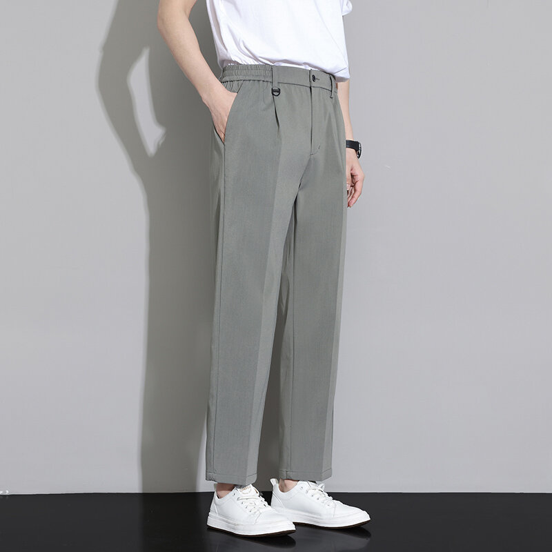 Celana panjang crop lurus modis pria, Bawahan kasual polos, pakaian bisnis Streetwear nyaman
