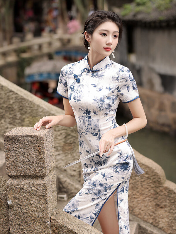 Estilo chinês cheongsams estampado floral feminino, vestido tradicional feminino, qipao, cetim, bainha de corte, bodycon, tamanho grande