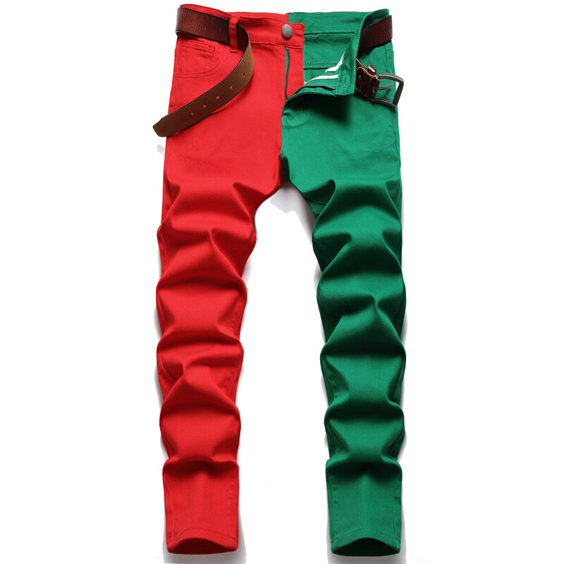 Two Colors Spliced Into Jeans Men's Fashion Casual Trousers and Shorts Red Green Yellow Denim Pants 28-38