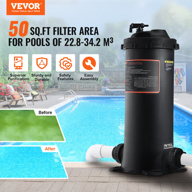 VEVOR Filter kolam kartrid 50/325/425/525Sq. Filter Area Filter kaki di atas tanah, sistem penyaringan Kolam renang
