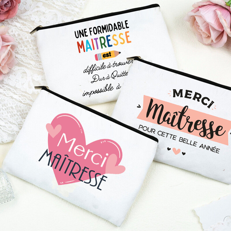 Merci Maitresse French Print Makeup Bag Travel Neceser Toiletry Storage Pouch School Pencil Bags Best Graduate Gift for Teacher