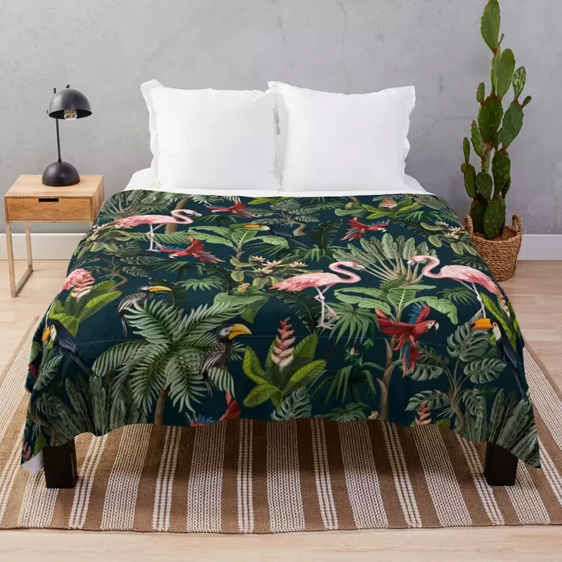 Одеяло с рисунком джунглей с туканом, фламинго и попугай, спальный мешок для дивана, пушистая фланелевая ткань, мягкие одеяла