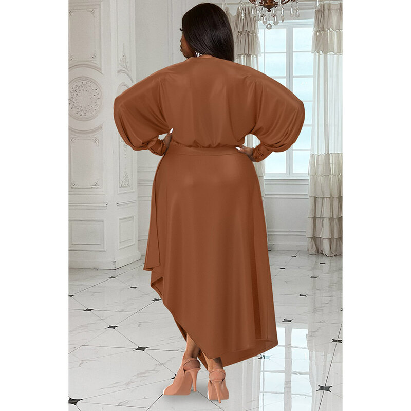 Vestido de talla grande para uso diario, maxivestido de satén Irregular de manga larga con cuello en V, color marrón