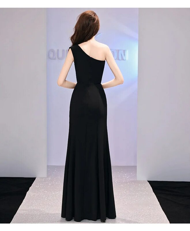 Вечернее платье для ведущей, роскошное, нишевое Черное длинное платье с одним открытым плечом, платье «рыбий хвост», женское платье на одно плечо