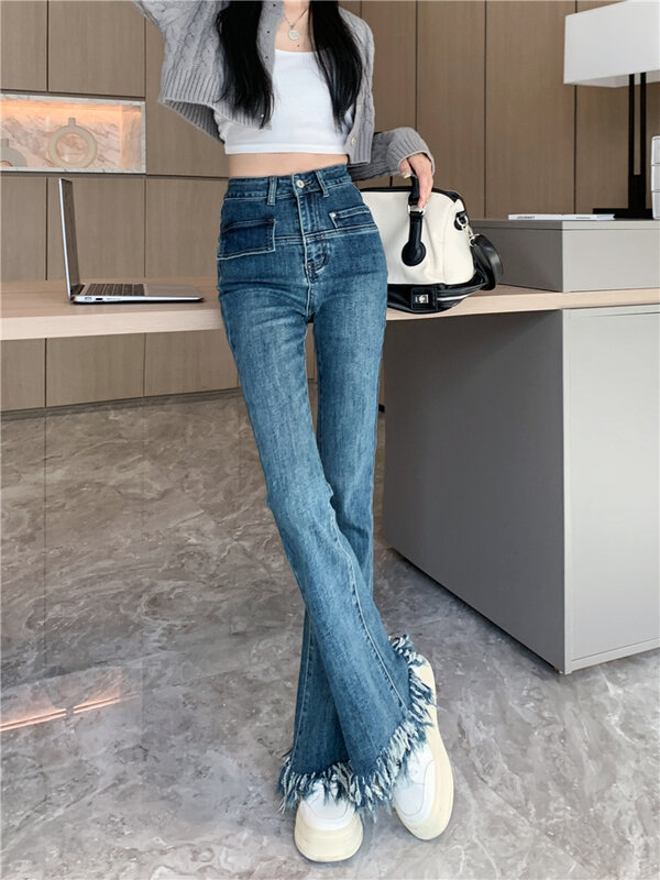 Jeans Biru untuk Wanita 2023 Baru Antik Streetwear Rumbai Duri Jeans Pinggang Tinggi Chic Celana Flare Panjang Penuh Celana Y2k