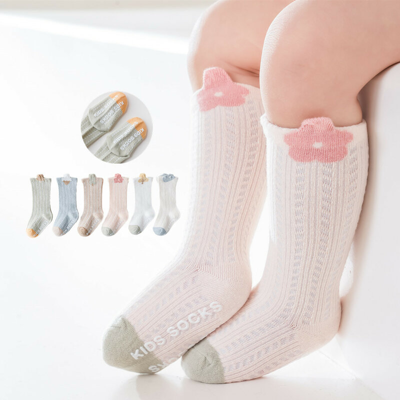 ถุงเท้ายาวตาข่ายบางยาว3คู่สำหรับเด็กทารกถุงเท้ากันลื่นขนาดกลางสำหรับเด็กแรกเกิดถุงเท้ากันยุง